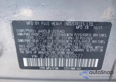 2012 Subaru Forester 2.5X z USA, uszkodzony, nr VIN JF2SHABC8CH409577